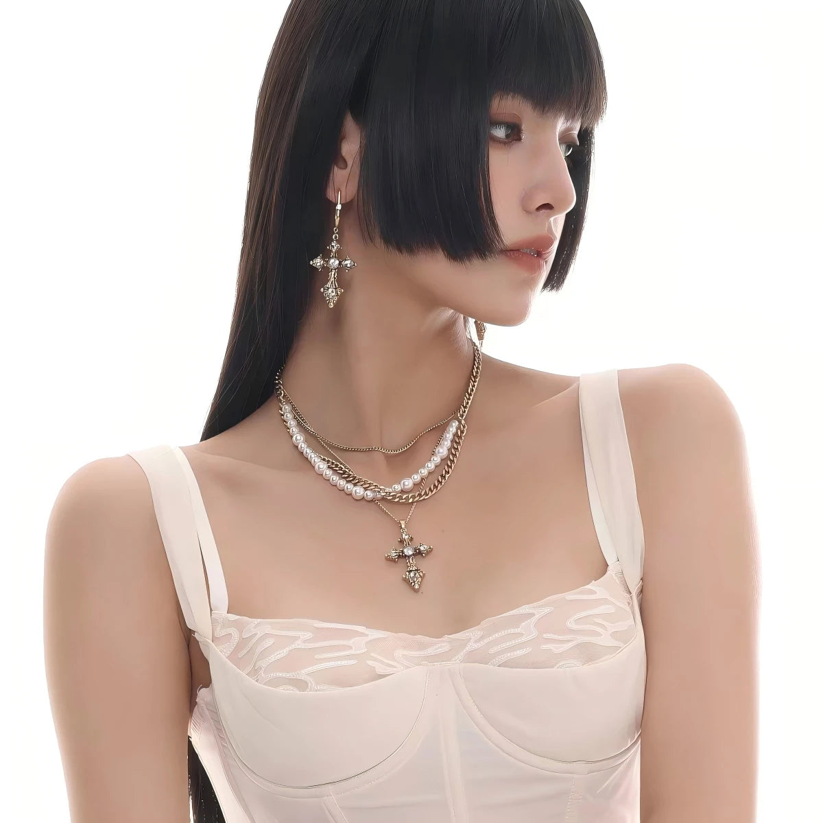 Baroque Pearl Cross Layered Necklace