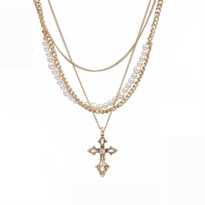 Baroque Pearl Cross Layered Necklace