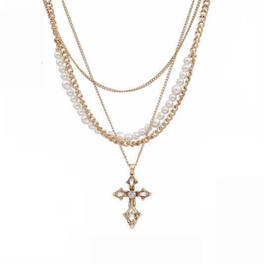 Baroque Pearl Cross Layered Necklace