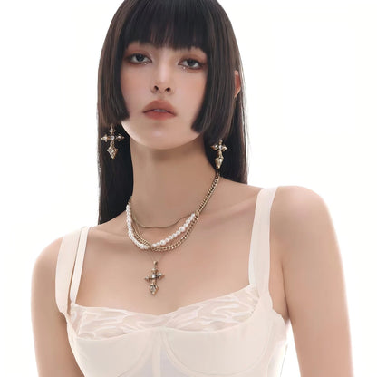 Baroque Pearl Cross Layered Necklace