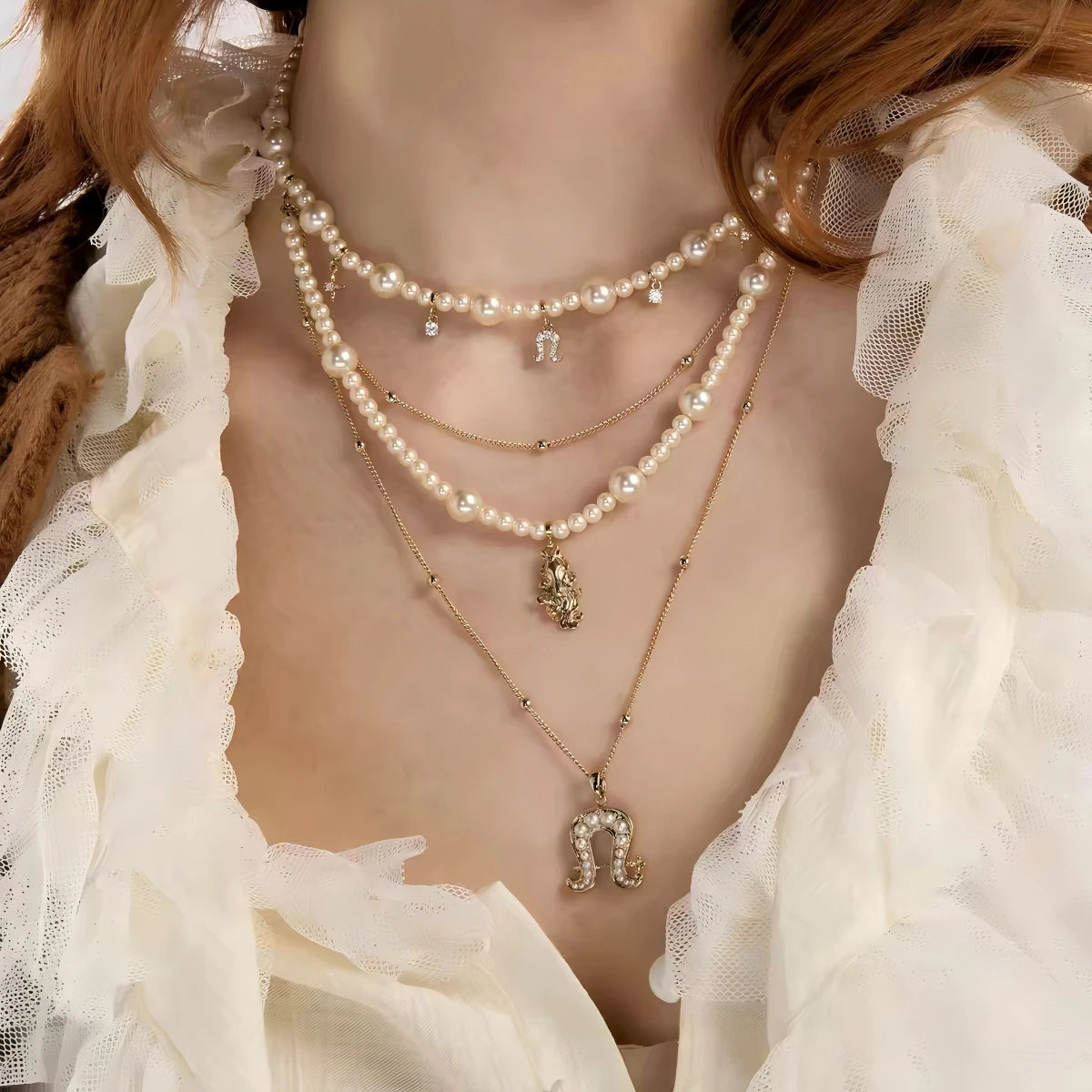 Vintage Pearl Horseshoe Layered Necklace