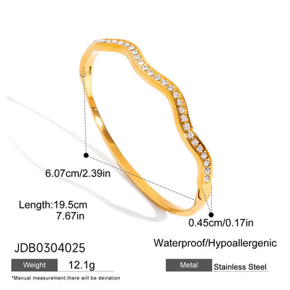 18K Gold Wavy Pavé CZ Hinged Bangle