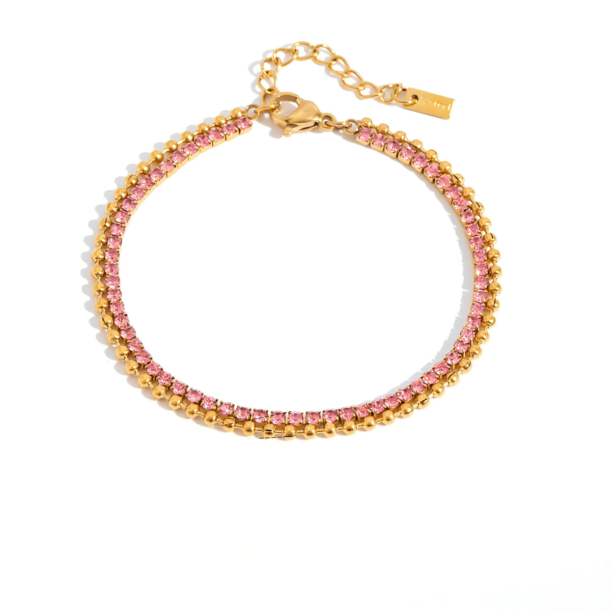 18K Gold Pink Tennis & Beaded Layered Bracelet | offmess Jewelry