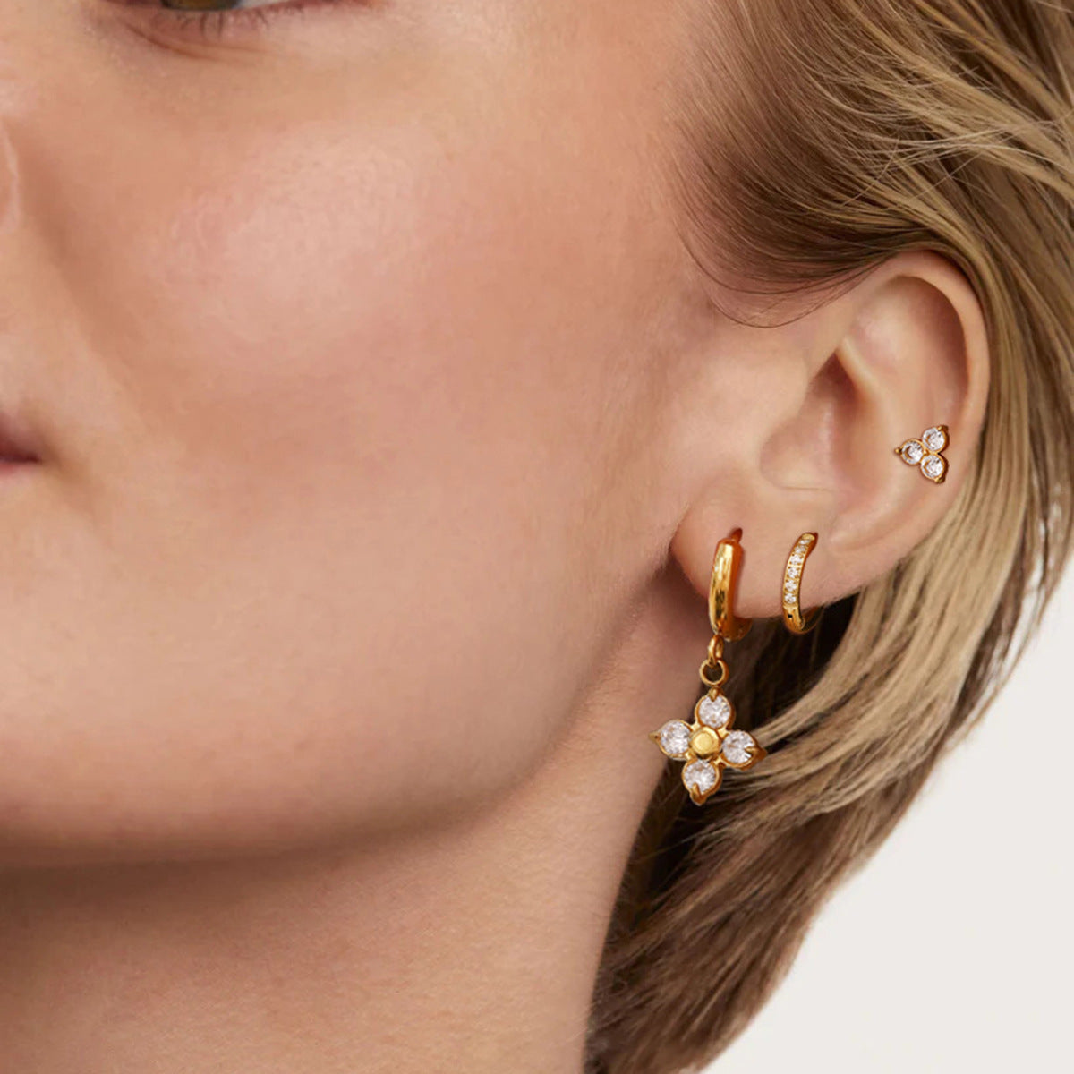 4-Leaf CZ Drop Earring Set – Hoop & Stud Stack