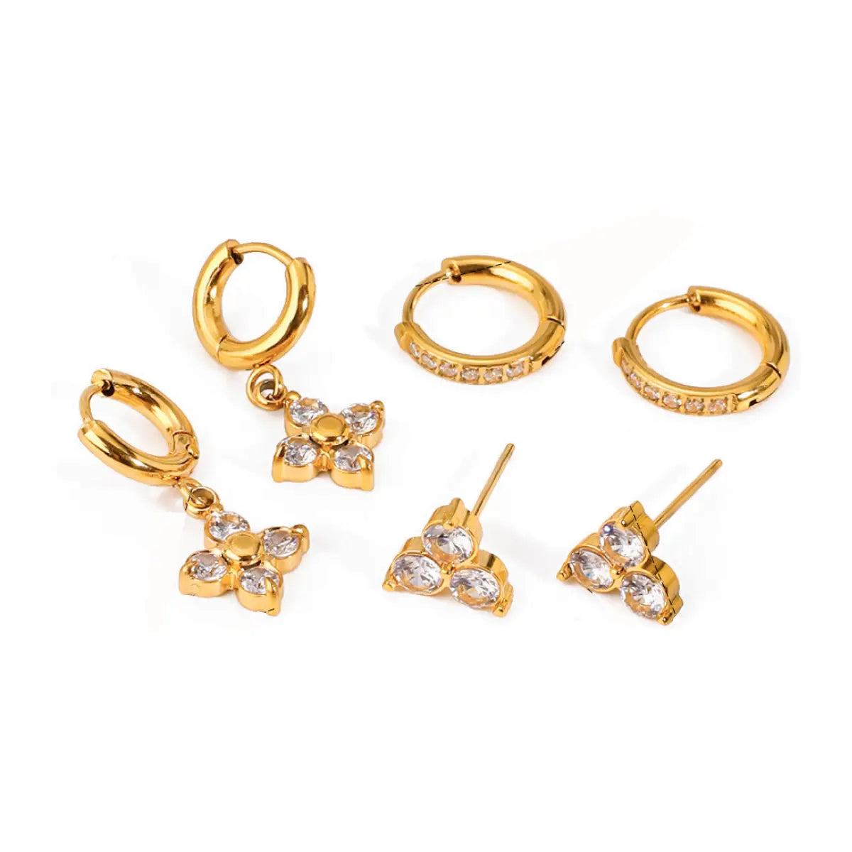 4-Leaf CZ Drop Earring Set – Hoop & Stud Stack