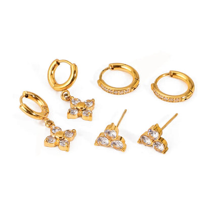 4-Leaf CZ Drop Earring Set – Hoop & Stud Stack