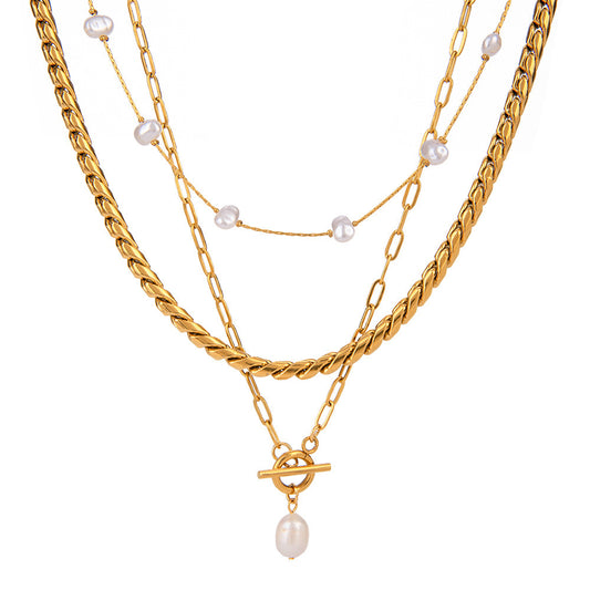 18K Gold-Plated Pearl & Snake Chain Layered Necklace | offmess Jewelry