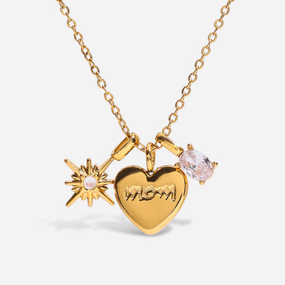 18K Gold Stainless Steel Engraved Mom Heart Necklace | offmess Jewelry