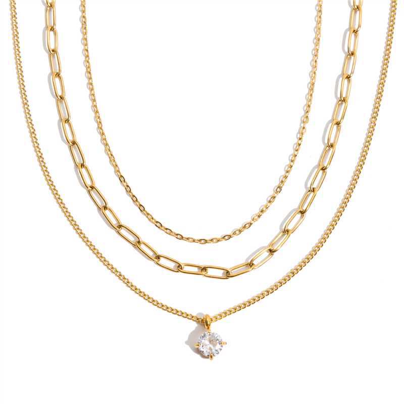 18K Gold Stainless Steel Layered Round CZ Necklace | offmess Jewelry