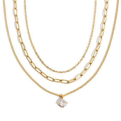 18K Gold Stainless Steel Layered Round CZ Necklace | offmess Jewelry