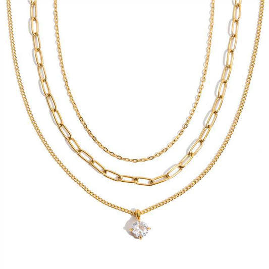 18K Gold Stainless Steel Layered Round CZ Necklace | offmess Jewelry