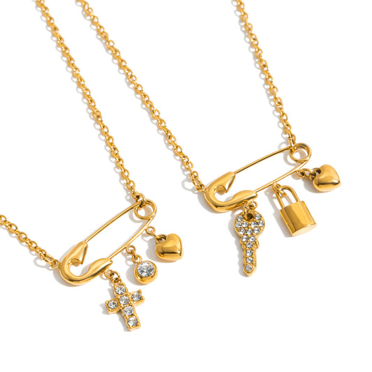 18K Gold Stainless Steel Paperclip Heart & Cross Necklace