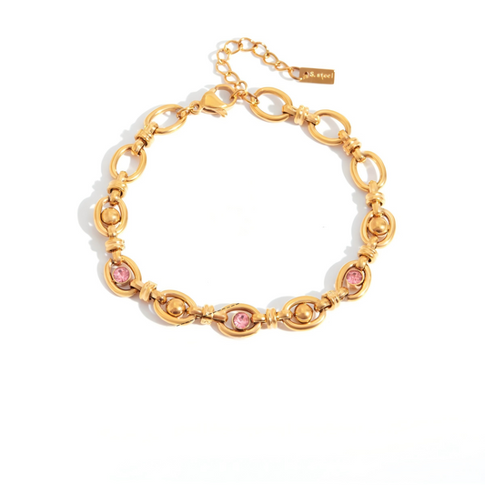 18K Gold Stainless Steel Pink CZ & Beaded Bracelet | offmess 