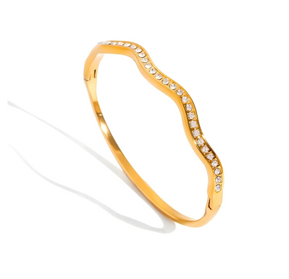 18K Gold Stainless Steel Wavy Pavé CZ Hinged Bangle | offmess Jewelry