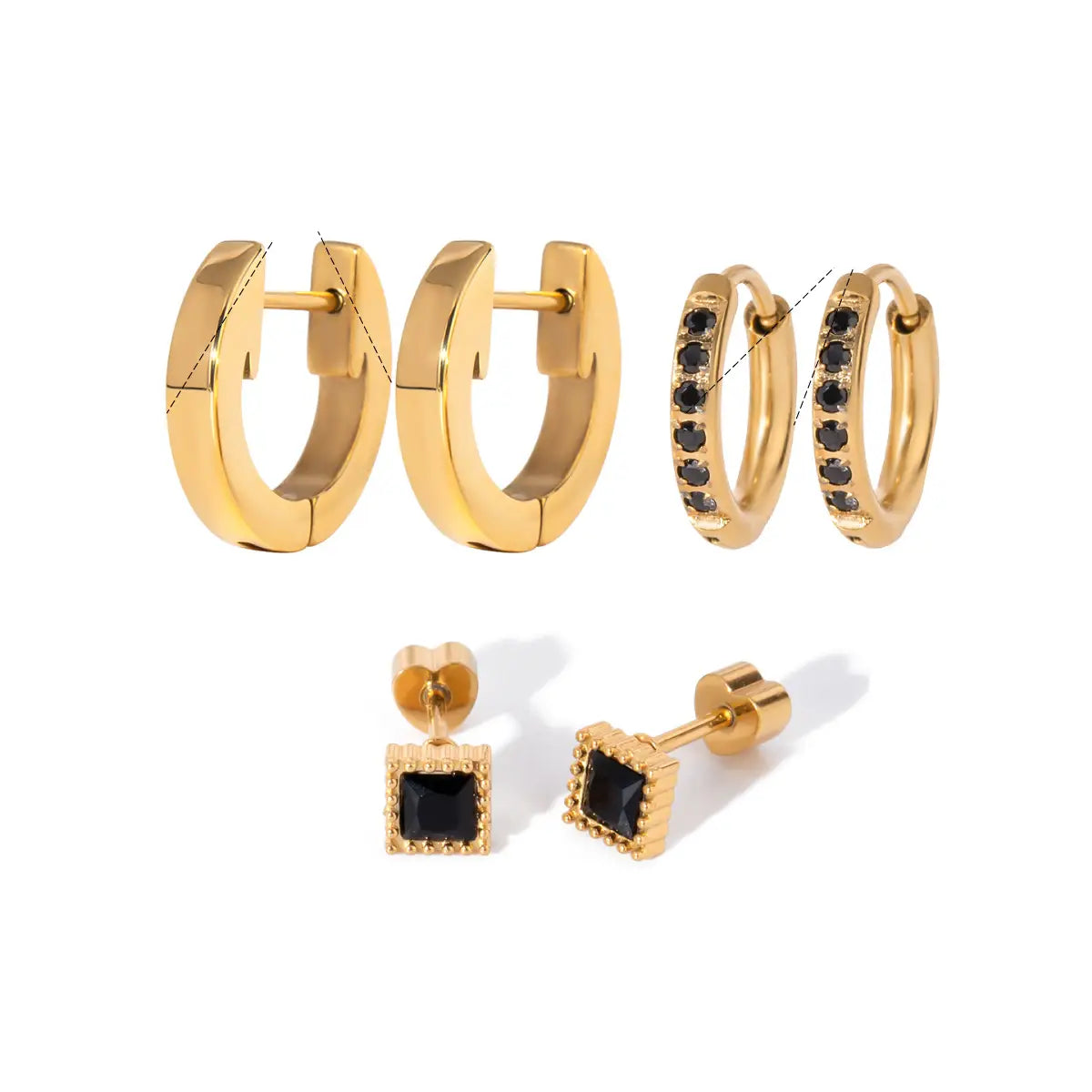 Black Zircon & Gold Hoop 3-Piece Earring Set