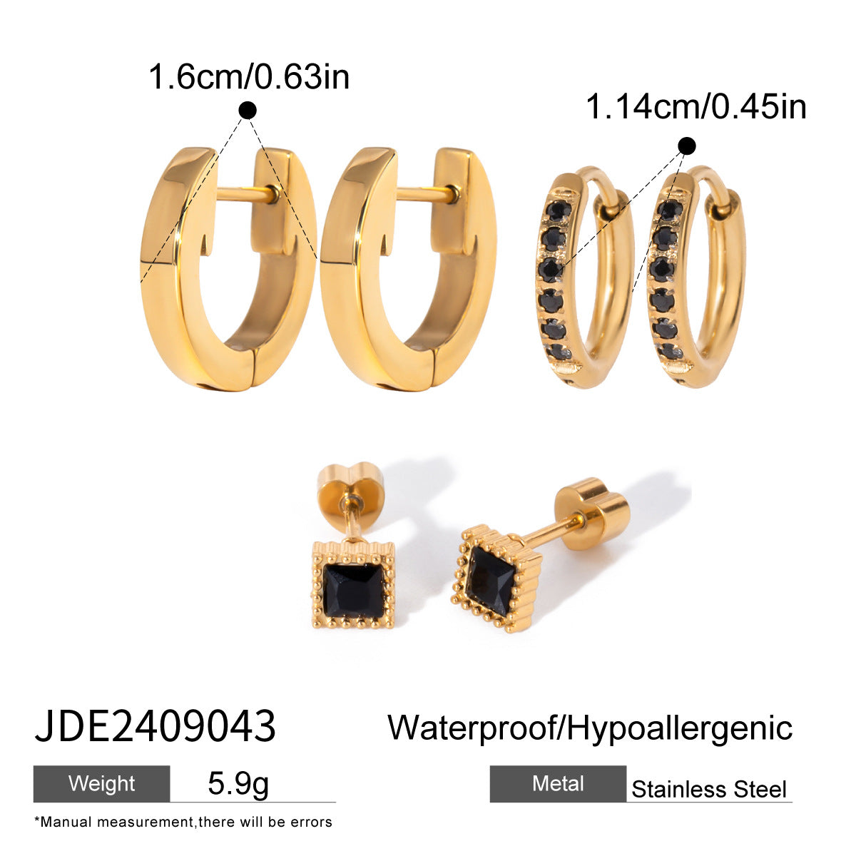Black Zircon & Gold Hoop 3-Piece Earring Set