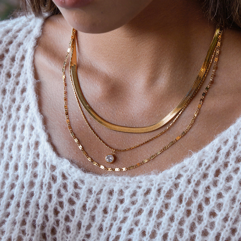Layered Snake Chain Round CZ Necklace