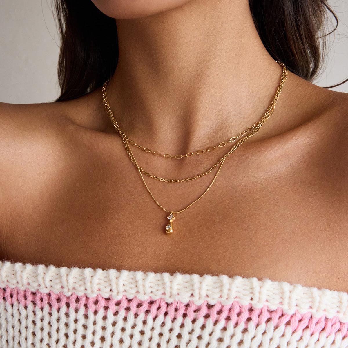 Layered Snake Chain Teardrop Necklace