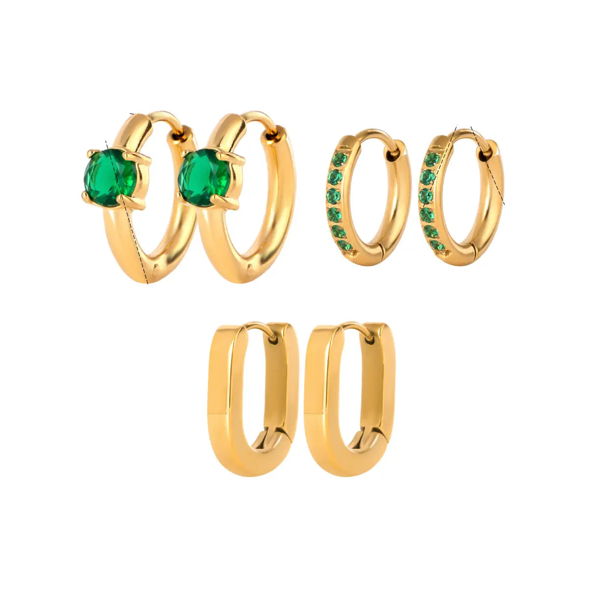 Green Zircon & Gold Hoop 3-Piece Earring Set