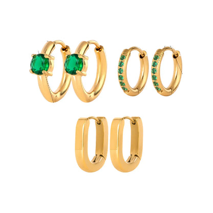 Green Zircon & Gold Hoop 3-Piece Earring Set