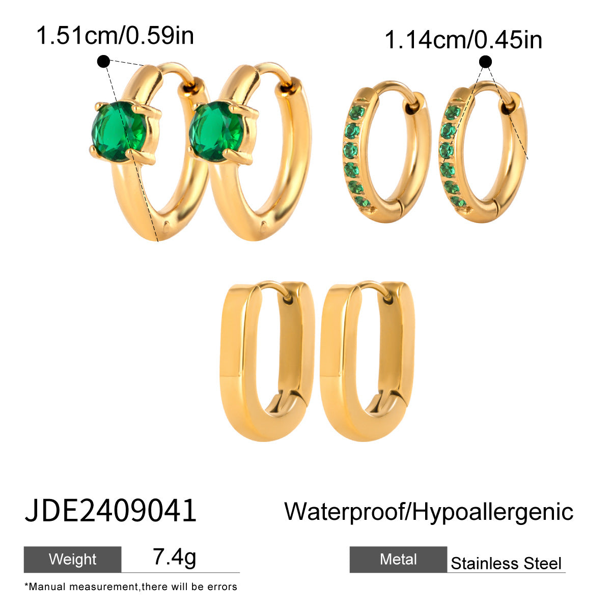Green Zircon & Gold Hoop 3-Piece Earring Set