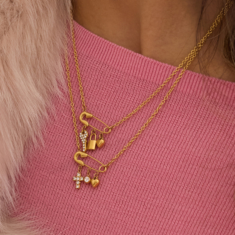 Paperclip Cross & Heart Charm Necklace
