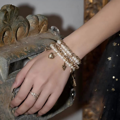 Vintage Pearl Heart Layered Bracelet