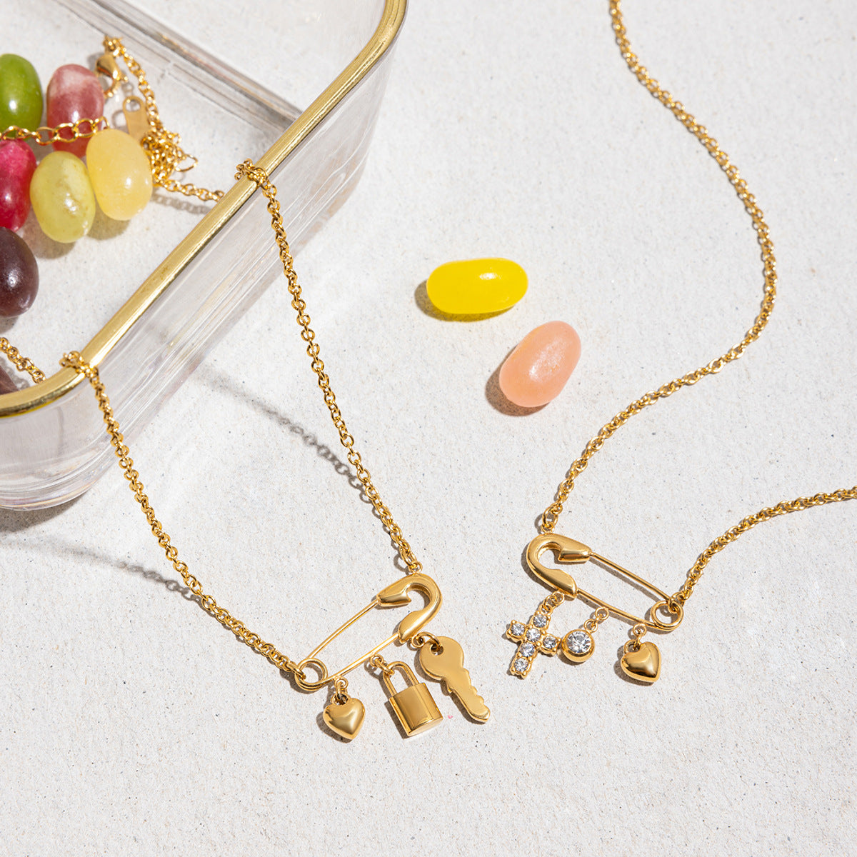 Paperclip Cross & Heart Charm Necklace