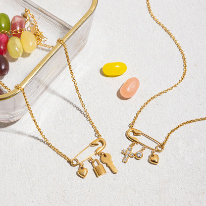 Paperclip Cross & Heart Charm Necklace