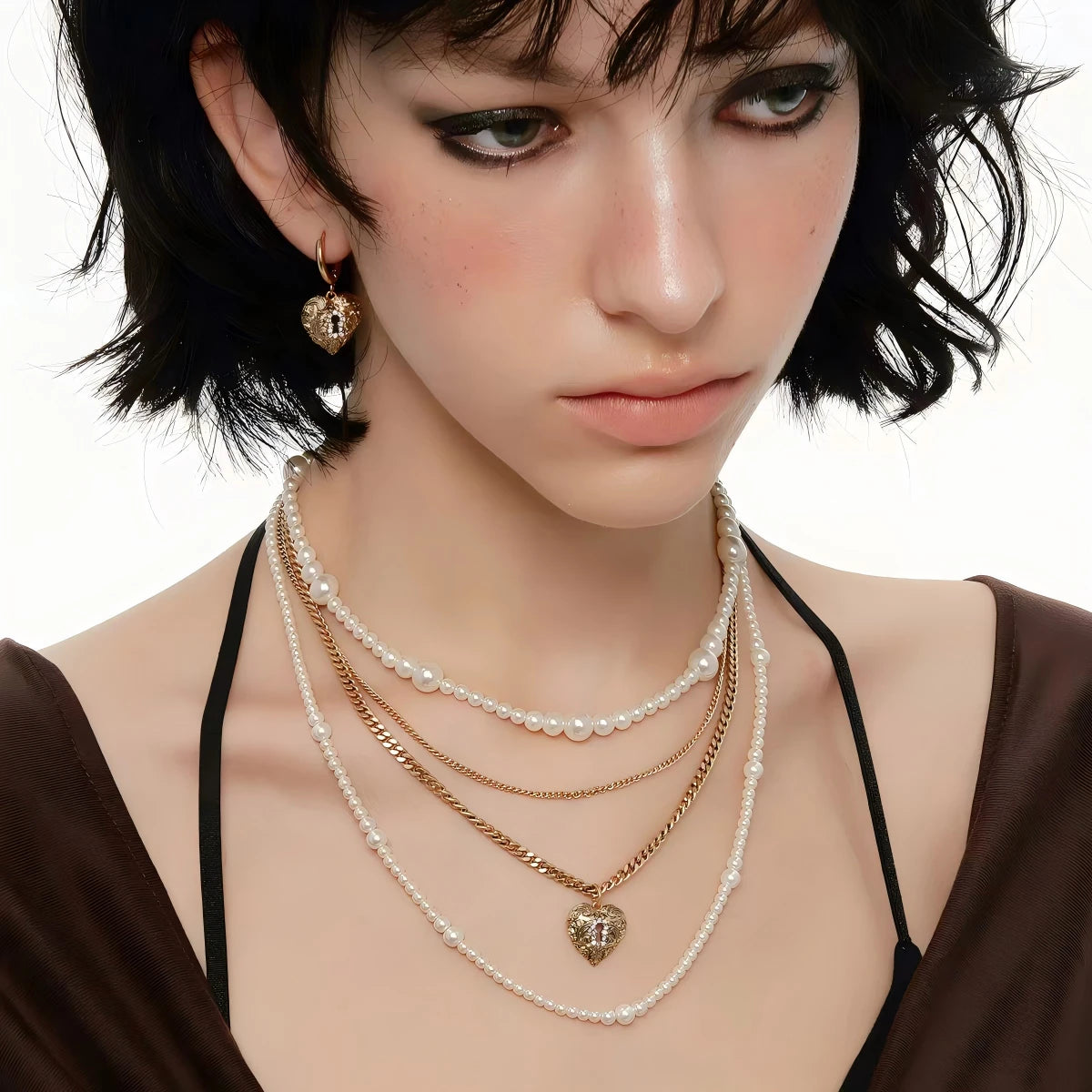 Vintage Pearl Heart Key Layered Necklace