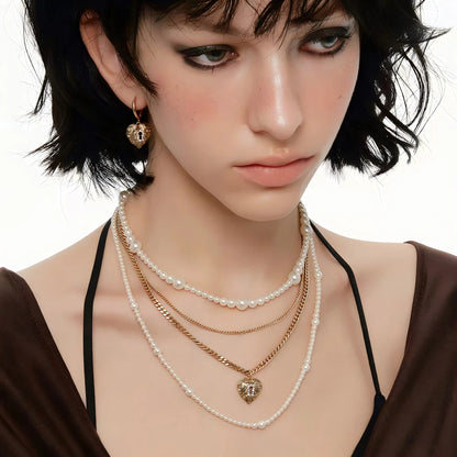 Vintage Pearl Heart Key Layered Necklace