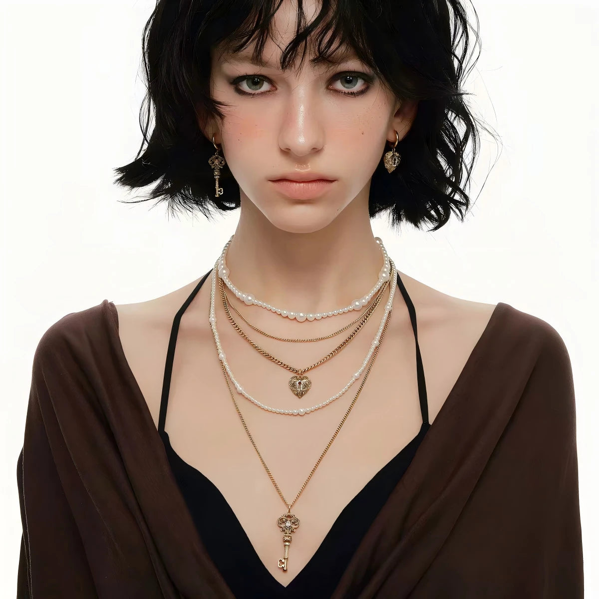 Vintage Pearl Heart Key Layered Necklace