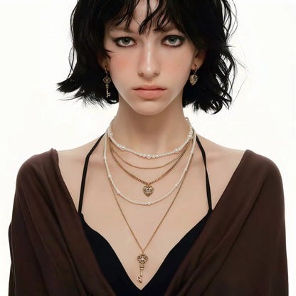 Vintage Pearl Heart Key Layered Necklace