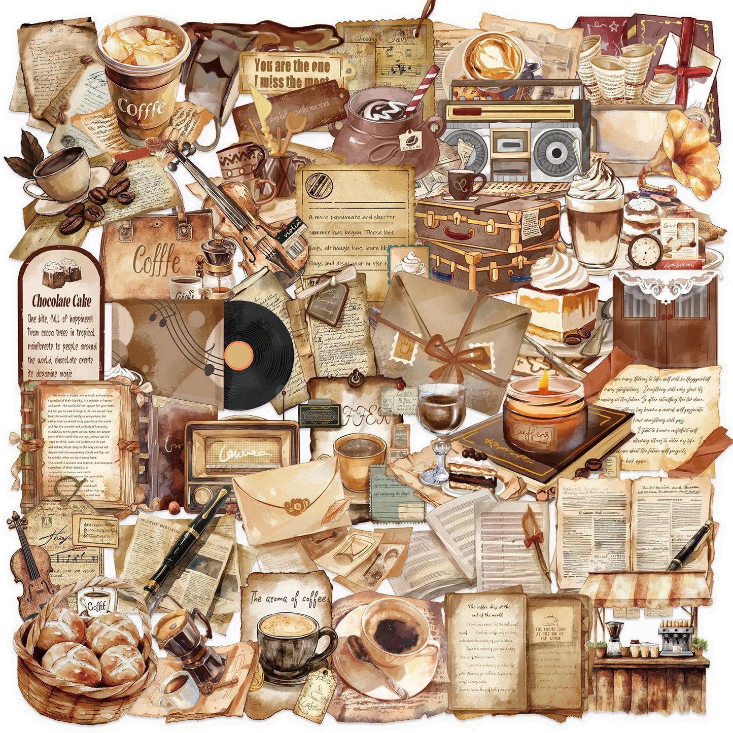 50pcs Vintage Café Stickers | Transparent Retro Coffee Stickers
