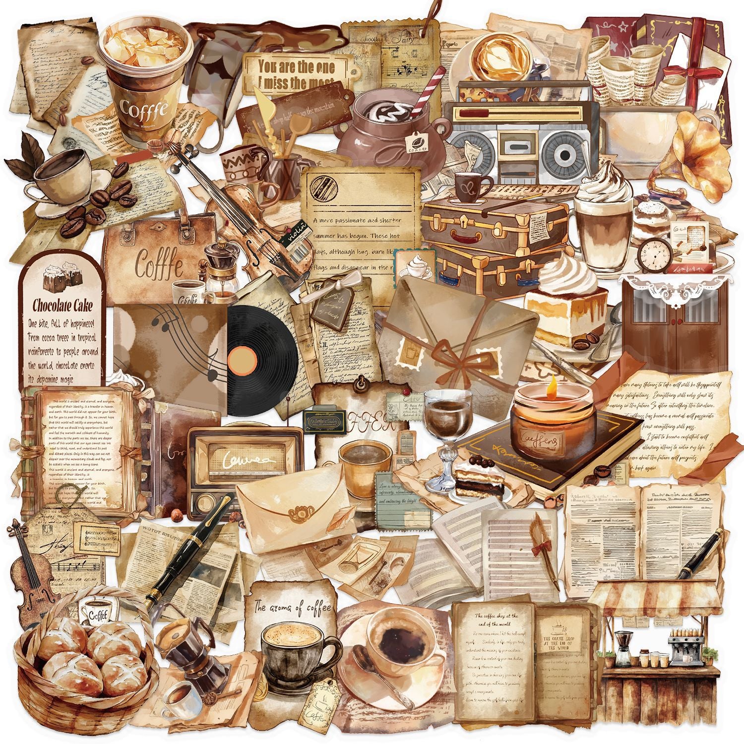 50pcs Vintage Café Stickers | Transparent Retro Coffee Stickers