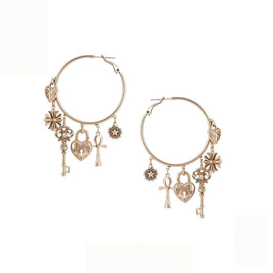 Vintage Key Heart Hoop Earrings