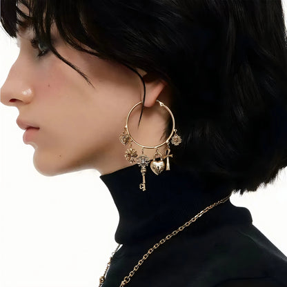 Vintage Key Heart Hoop Earrings
