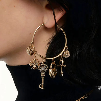 Vintage Key Heart Hoop Earrings