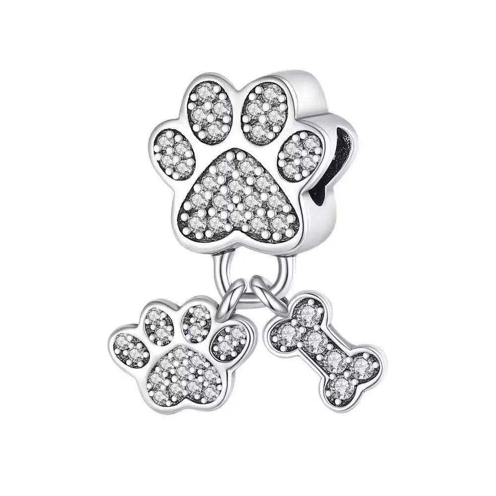 Silver Rhinestone Dog Paw Bone Charm For Bracelet Jewelry Making