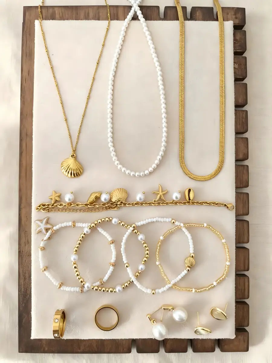 Coastal Vacation Jewelry Set – 3-Tier Layered Necklace, Bracelets & Rings