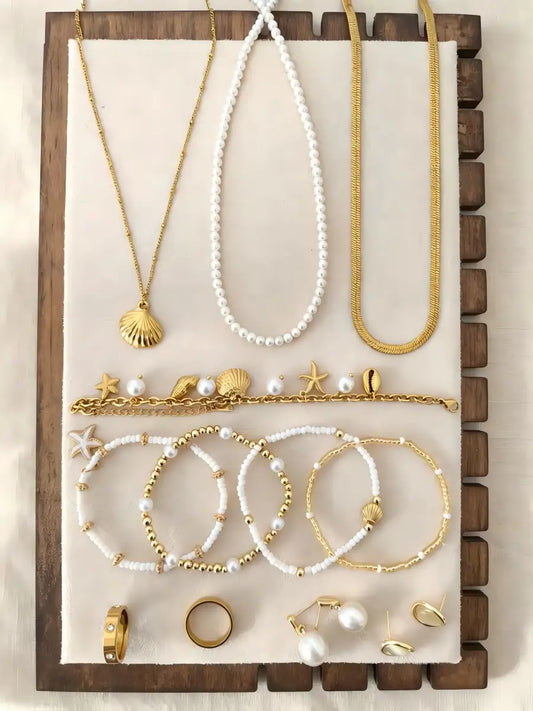 Coastal Vacation Jewelry Set – 3-Tier Layered Necklace, Bracelets & Rings