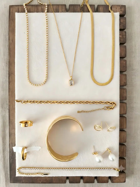 Golden Hour Radiance Jewelry Set – 3-Tier Layered Necklace, Bracelets & Rings