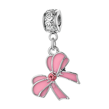 Pink Bow Charm with Silver Tone Buckle for Bracelet and Bag