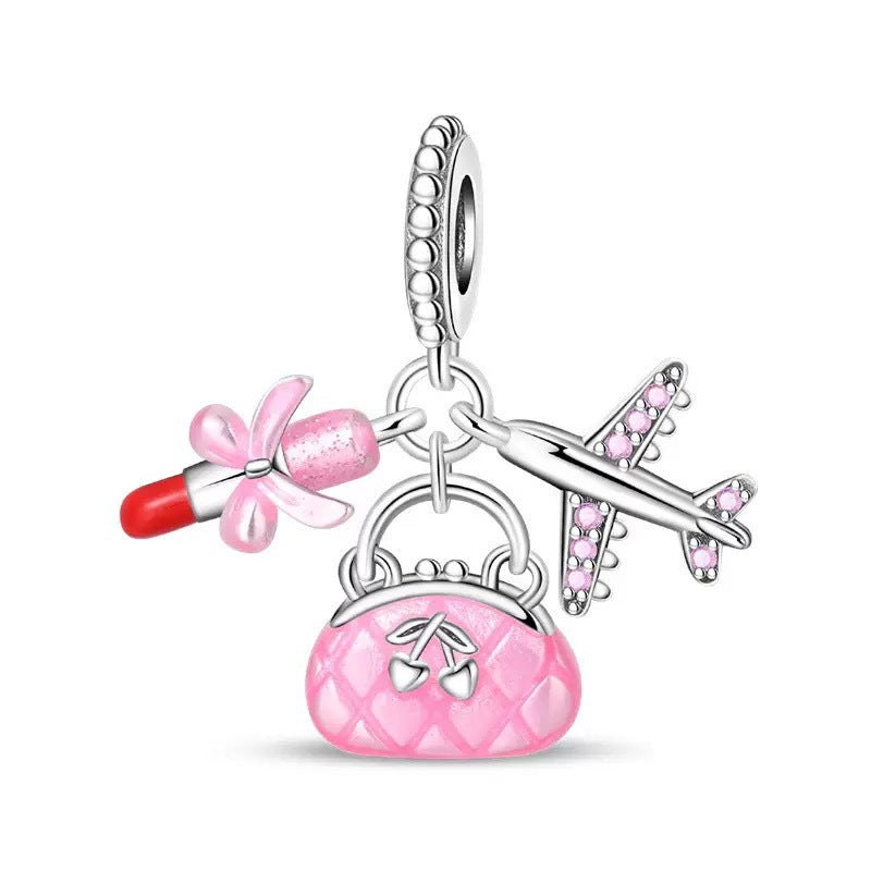 Travel Bag, Lipstick & Airplane Charm for Bracelets & Necklaces