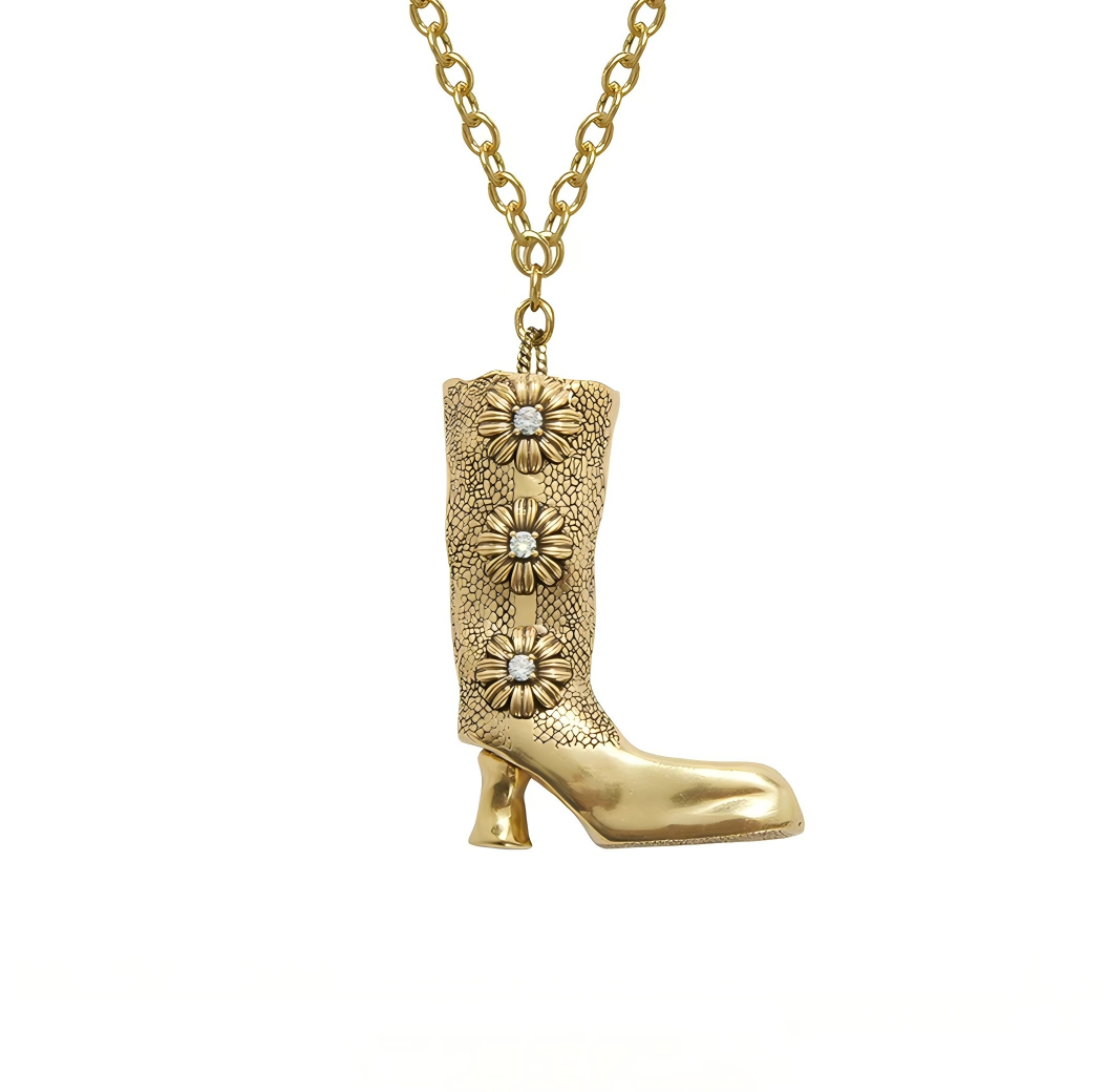Vintage Boot Necklace with Chrysanthemum Flowers| Retro Floral Jewelry
