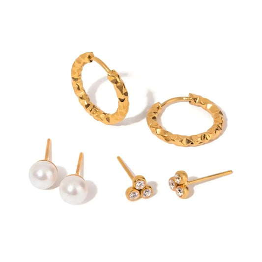 Wave Hoop & Mini Pearl 3-Piece Earring Set | offmess Jewelry