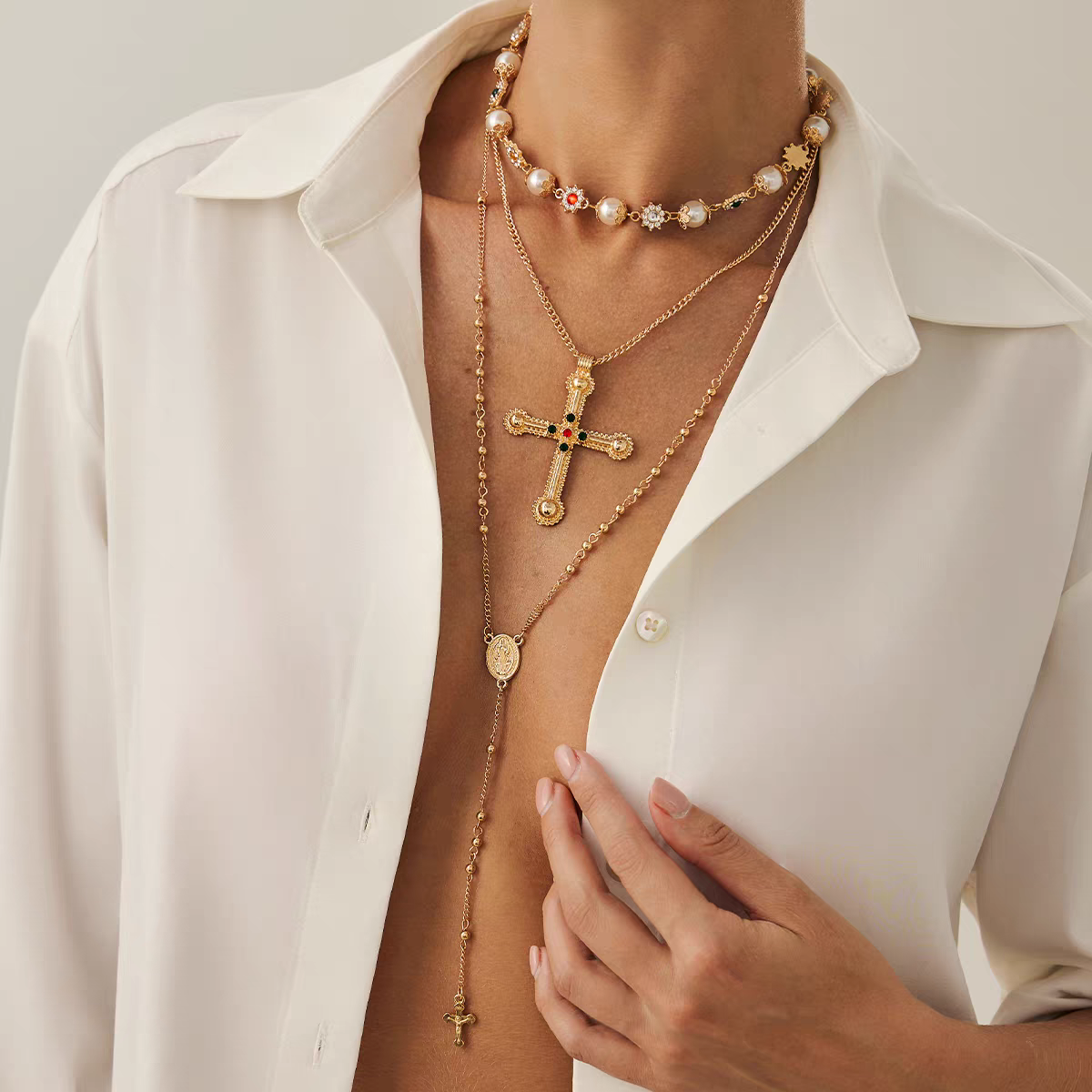 Vintage Cross Pearl Layered Necklace