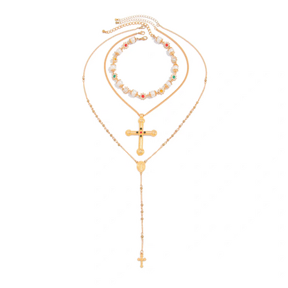 Vintage Cross Pearl Layered Necklace