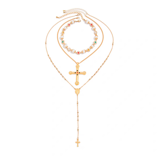 Vintage Cross Pearl Layered Necklace